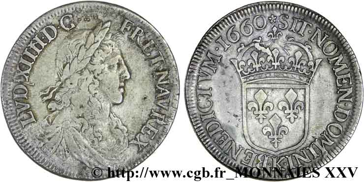 LOUIS XIV  THE SUN KING  Demi-écu au buste juvénile, 1er type 1660 Bordeaux BC+/MBC