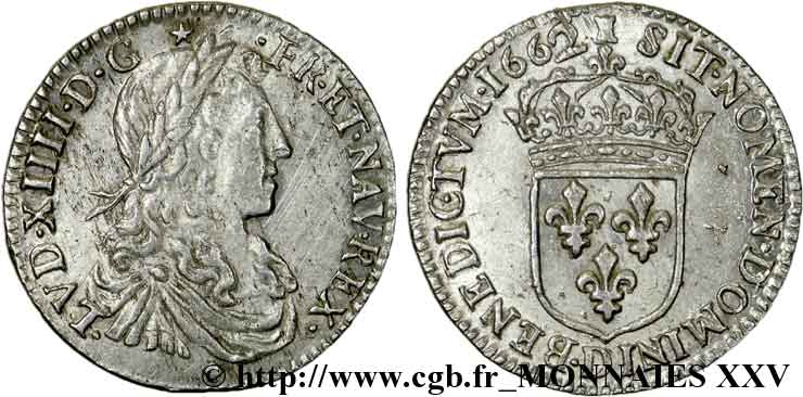 LOUIS XIV  THE SUN KING  Douzième d écu au buste juvénile, 1er type 1662 Lyon AU/AU