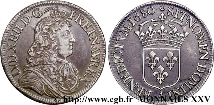 LOUIS XIV  THE SUN KING  Écu dit  à la cravate  1680 Paris MBC