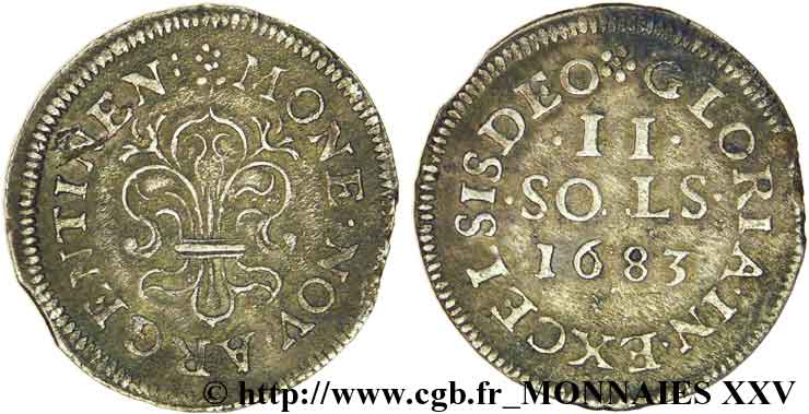 LOUIS XIV LE GRAND OU LE ROI SOLEIL 2 sols 1683 Strasbourg TTB