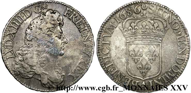 LOUIS XIV LE GRAND OU LE ROI SOLEIL Écu dit “au buste drapé à l’antique” 1686 Paris TTB/TTB+