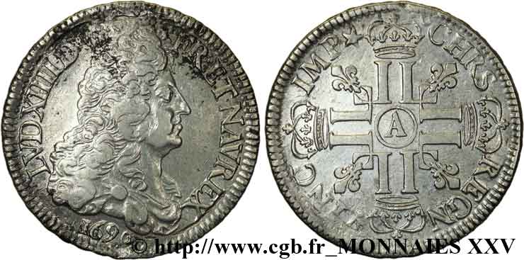 LOUIS XIV  THE SUN KING  Écu aux huit L, 1er type 1690 Paris SS/fVZ