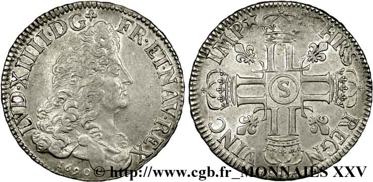 LOUIS XIV LE GRAND OU LE ROI SOLEIL Écu aux huit L, 1er type 1690 Reims TTB+