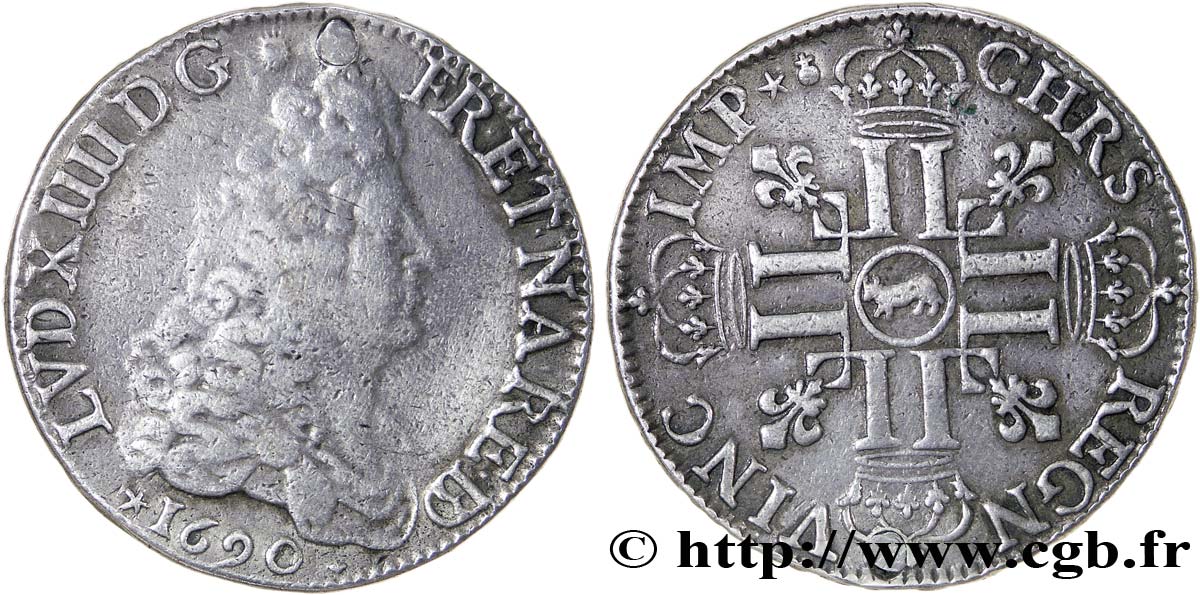 LOUIS XIV LE GRAND OU LE ROI SOLEIL Écu aux huit L, 1er type 1690 Pau TB