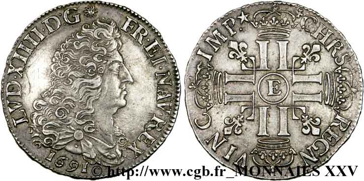 LOUIS XIV  THE SUN KING  Demi-écu aux huit L, 1er type, 2e buste 1691 Tours q.SPL