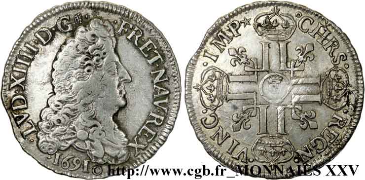 LOUIS XIV  THE SUN KING  Demi-écu aux huit L, 1er type, 1er buste 1691 Troyes q.BB/BB