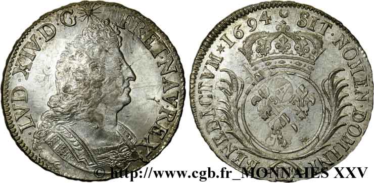 LOUIS XIV LE GRAND OU LE ROI SOLEIL Écu aux palmes 1694 Besançon SUP