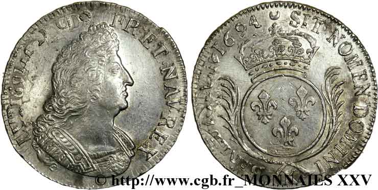 LOUIS XIV LE GRAND OU LE ROI SOLEIL Écu aux palmes 1694 Amiens TTB/TTB+