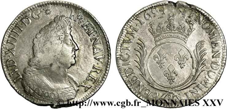 LOUIS XIV LE GRAND OU LE ROI SOLEIL Écu aux palmes 1694 Aix-en-Provence TB+/TTB
