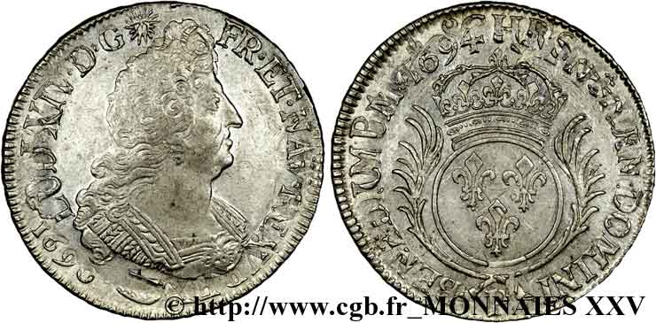 LOUIS XIV  THE SUN KING  Demi-écu aux palmes 1694 Dijon BB/SPL