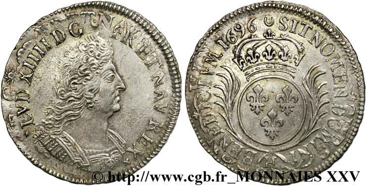 LOUIS XIV  THE SUN KING  Demi-écu aux palmes 1696 La Rochelle MBC/EBC