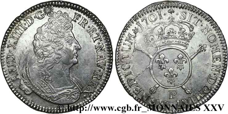 LOUIS XIV LE GRAND OU LE ROI SOLEIL Écu aux insignes 1701 Dijon TTB/TTB+