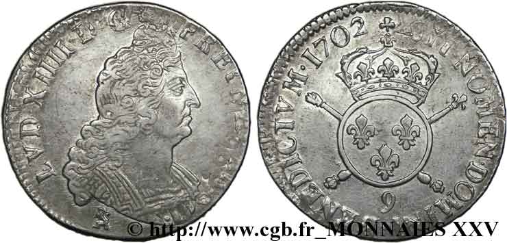 LOUIS XIV  THE SUN KING  Demi-écu aux insignes 1702 Rennes VF/XF