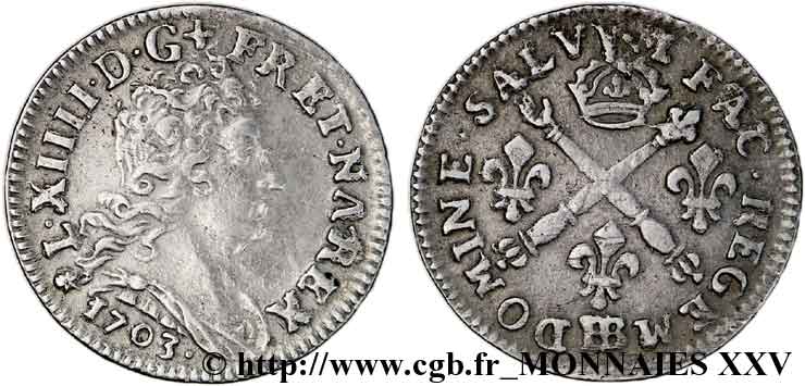 LOUIS XIV LE GRAND OU LE ROI SOLEIL Cinq sols aux insignes 1703 Strasbourg TTB+