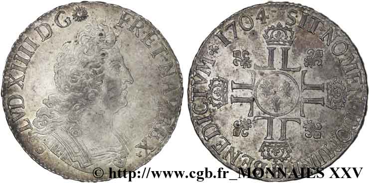 LOUIS XIV  THE SUN KING  Écu aux huit L, 2e type 1704 Rouen q.SPL/SPL