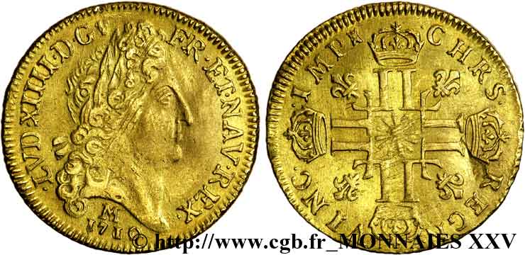 LOUIS XIV &nbsp;THE SUN KING&nbsp; Louis d&nbsp;or au soleil 1710 Toulouse XF
