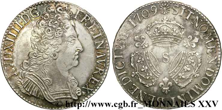LOUIS XIV  THE SUN KING  Écu aux trois couronnes 1709 Reims MBC+/EBC