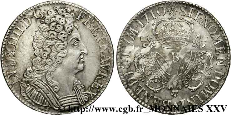LOUIS XIV LE GRAND OU LE ROI SOLEIL Écu aux trois couronnes 1710 Rouen TTB+/SUP