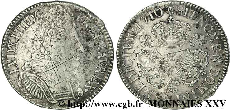 LOUIS XIV LE GRAND OU LE ROI SOLEIL Écu aux trois couronnes 1710 Poitiers TTB/TTB+