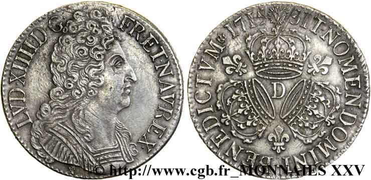 LOUIS XIV  THE SUN KING  Écu aux trois couronnes 1715 Lyon AU