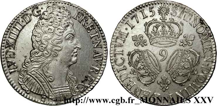 LOUIS XIV  THE SUN KING  Écu aux trois couronnes 1715 Rennes EBC/SC