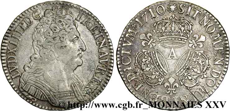 LOUIS XIV  THE SUN KING  Demi-écu aux trois couronnes 1710 Paris XF/AU