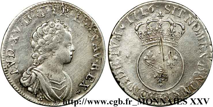 LOUIS XV  THE WELL-BELOVED  Quart d écu dit “vertugadin” 1716 Amiens SS