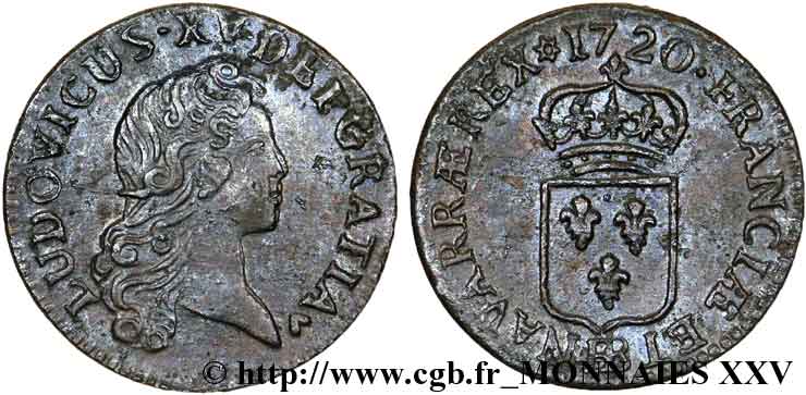 LOUIS XV  THE WELL-BELOVED  Liard au buste enfantin 1720 Strasbourg EBC