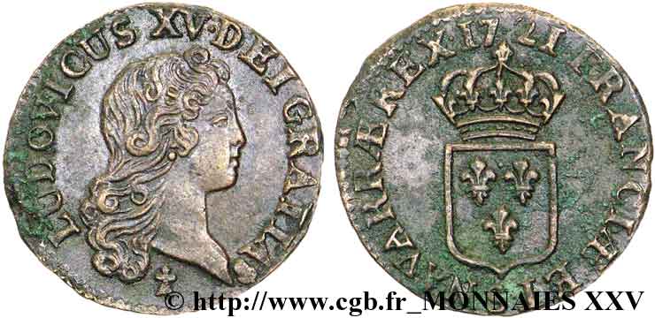 LOUIS XV DIT LE BIEN AIMÉ Liard au buste enfantin 1721 Reims TTB+/TTB