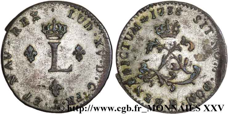 LOUIS XV DIT LE BIEN AIMÉ Double sol de billon 1738 Dijon TTB+