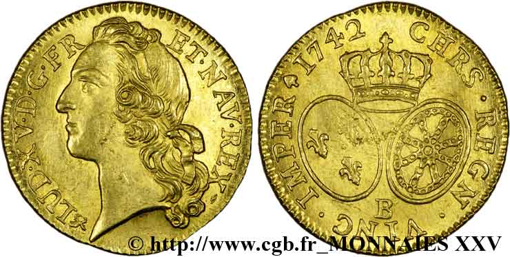 LOUIS XV  THE WELL-BELOVED  Louis d’or aux écus ovales, tête ceinte d’un bandeau 1742 Rouen AU
