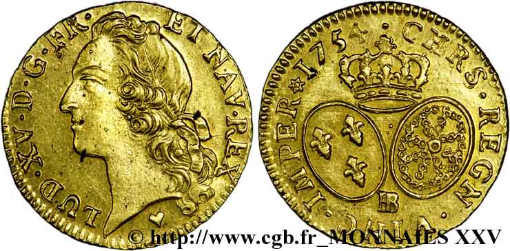 LOUIS XV  THE WELL-BELOVED  Louis d’or aux écus ovales, tête ceinte d’un bandeau 1754 Strasbourg MBC+
