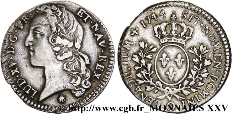 LOUIS XV  THE WELL-BELOVED  Cinquième d’écu aux branches d’olivier, tête ceinte d’un bandeau 1744 Perpignan MBC+