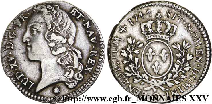 LOUIS XV  THE WELL-BELOVED  Cinquième d’écu aux branches d’olivier, tête ceinte d’un bandeau 1744 Perpignan AU
