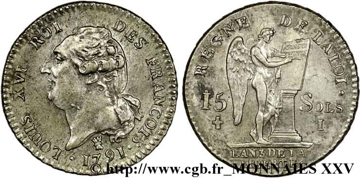 LOUIS XVI (MONARQUE CONSTITUTIONNEL)  15 sols dit &nbsp;au génie&nbsp;, type FRANÇOIS 1791 Limoges SUP