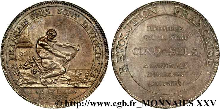 REVOLUTION COINAGE Monneron de 5 sols à l Hercule, frappe médaille 1792 Birmingham, Soho MS