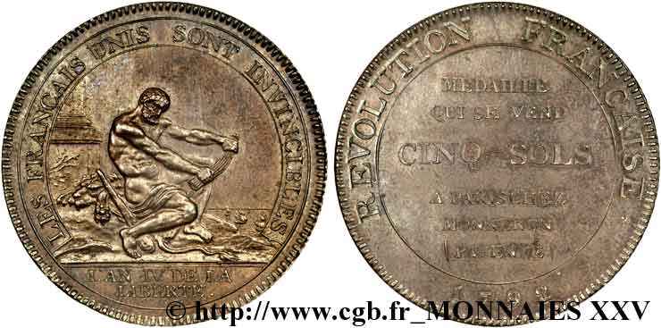 REVOLUTION COINAGE / CONFIANCE (MONNAIES DE…) Monneron de 5 sols à l Hercule, frappe médaille 1792 Birmingham, Soho MS