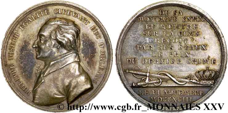 LOUIS PHILIPPE JOSEPH, DUC D ORLÉANS, dit PHILIPPE-ÉGALITÉ Jeton célébrant l’exécution de Philippe d’Orléans le 6 novembre 1793 AU/AU