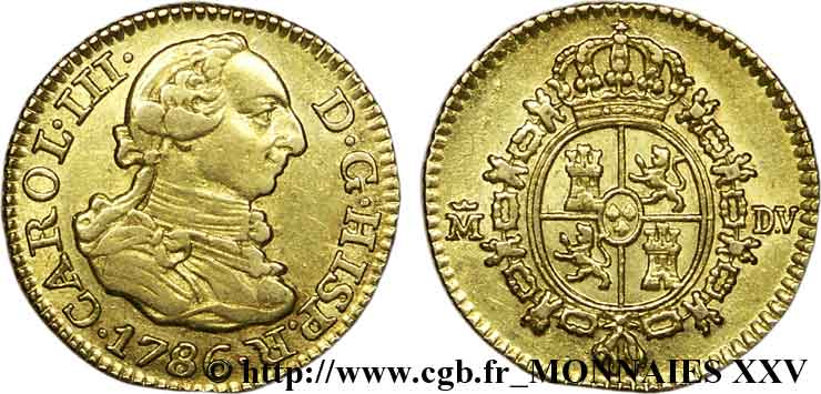 ESPAGNE - ROYAUME D ESPAGNE - CHARLES III Demi-escudo en or, 3e type 1786 Madrid fVZ/VZ