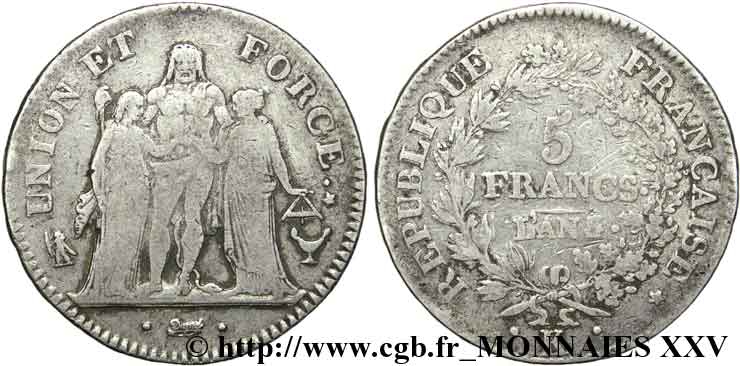 5 francs Union et Force, Union desserré, avec glands intérieurs et gland extérieur 1797 Bordeaux F.291/15 TB 
