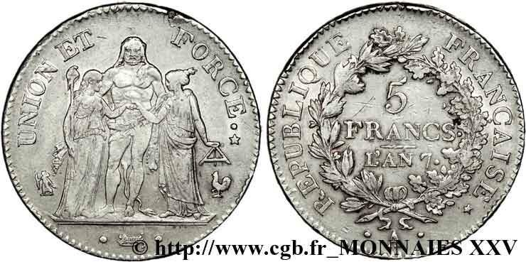 5 francs Union et Force, Union serré, avec glands intérieurs et gland extérieur 1799 Paris F.288/95 XF 