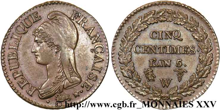 Cinq centimes Dupré, grand module 1797 Lille F.115/31 EBC 