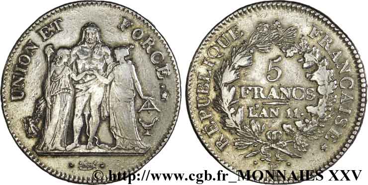 5 francs Union et Force, Union serré, seulement glands intérieurs 1803 Bordeaux F.288/193 SS 