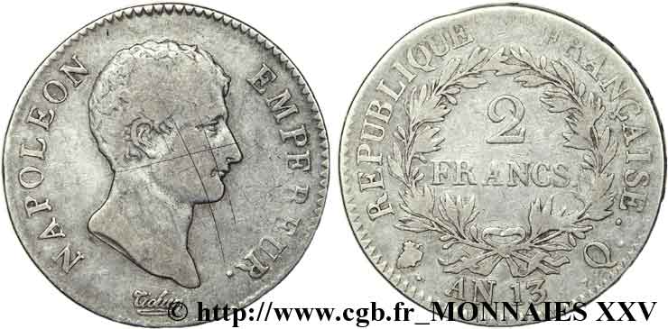 2 francs Napoléon Empereur, Calendrier révolutionnaire 1805 Perpignan F.251/23 TB 