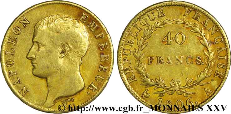 40 francs or Napoléon tête nue, calendrier grégorien 1806 Paris F.538/1 TTB 