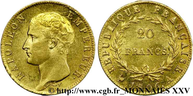 20 francs Napoléon tête nue, calendrier grégorien 1806 Paris F.513/1 AU 
