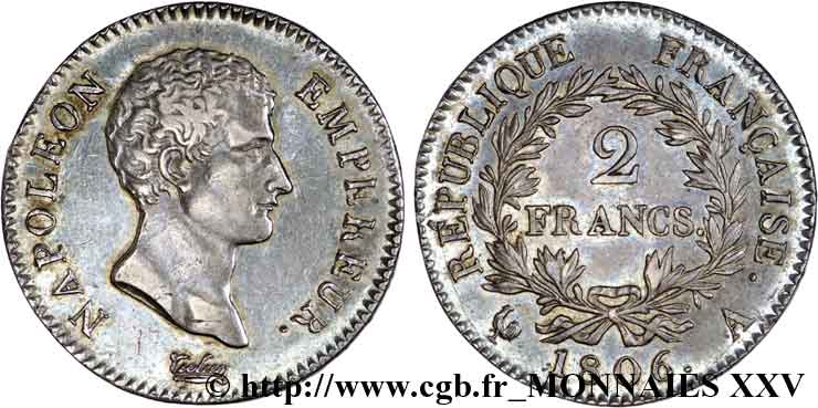 2 francs Napoléon empereur, calendrier grégorien 1806 Paris F.252/1 XF 