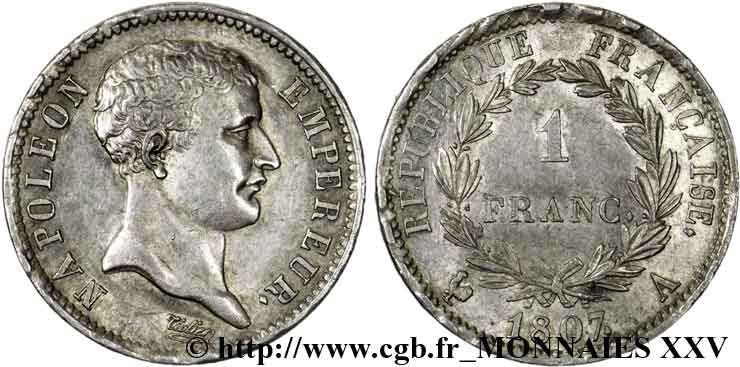 1 franc Napoléon empereur, tête de nègre 1807 Paris F.203/1 XF 
