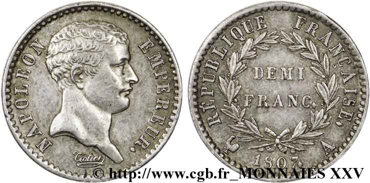Demi-franc Napoléon empereur, tête de nègre 1807 Paris F.176/1 VZ 