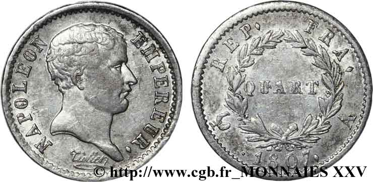 Quart (de franc) Napoléon Empereur, tête de nègre 1807 Paris F.160/1 MBC 